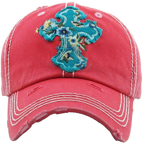 Pink hat with turquoise floral cross