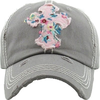 Grey Distressed Hat with Pink Floral Cross