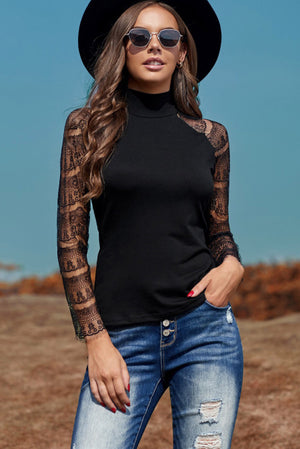 Black High Neck Lace Crochet Long Sleeve Top