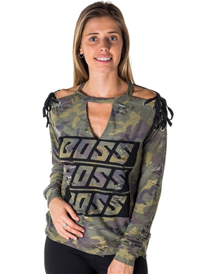 Camo choker lace up cold shoulder sweatshirt top with applique