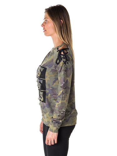 Camo choker lace up cold shoulder sweatshirt top with applique