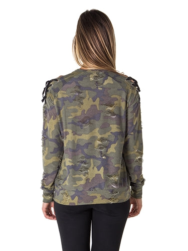 Camo choker lace up cold shoulder sweatshirt top with applique