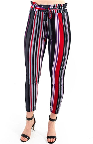 Stripped Trouser Pants with removable self tie sash Red