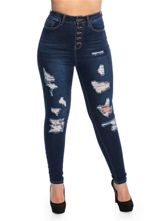 High Waist Stretchable Ripped Skinny Jeans with Button