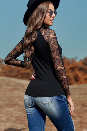 Black High Neck Lace Crochet Long Sleeve Top