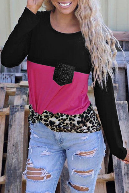 Rosy Leopard Print Color Block Sequin Pocket Top