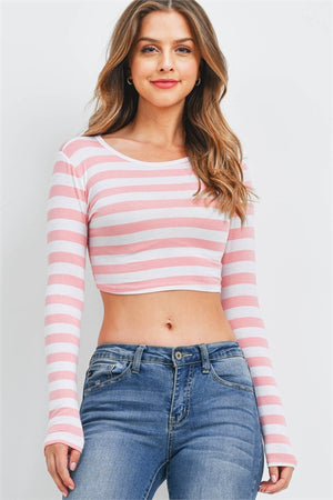 Peach Ivory Striped Long Sleeve Halter Top