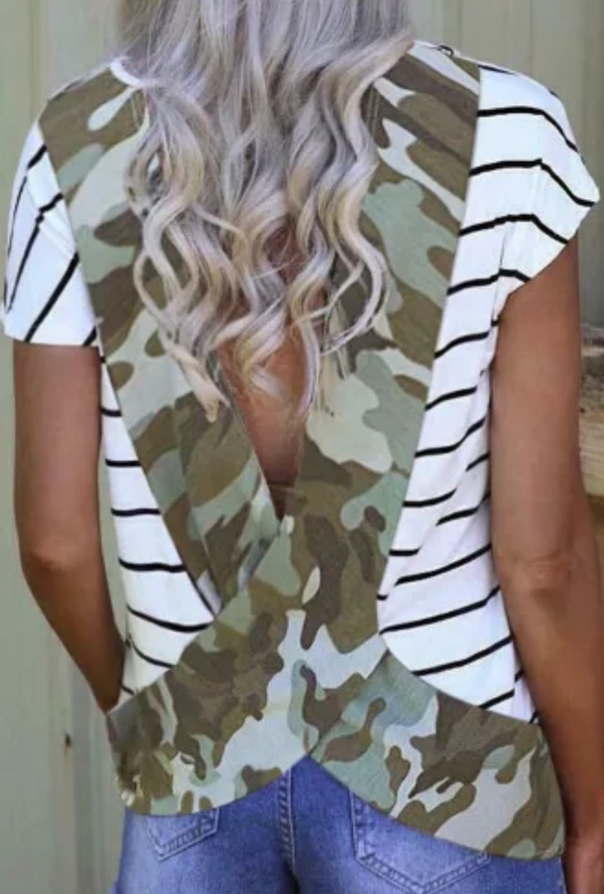 Stripe Green Camo Printed Open Back Short Sleeve T Shirt