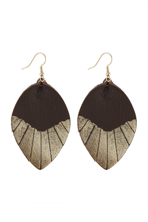 Brown leaf tassel gold leather teardrop hook earrings