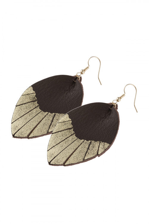 Brown leaf tassel gold leather teardrop hook earrings