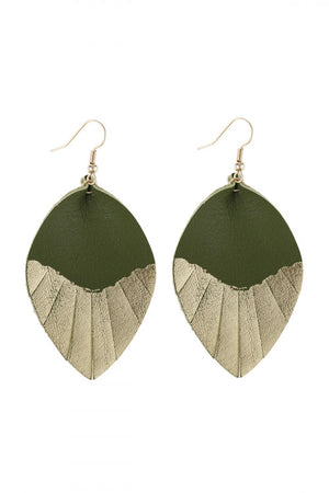 Green leaf tassel gold leather teardrop hook earrings