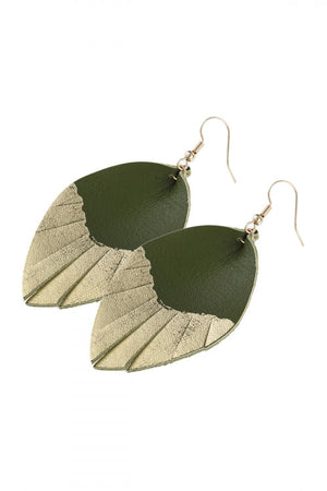 Green leaf tassel gold leather teardrop hook earrings