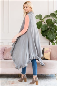 Light gray open ruffled sleeveless cardigan