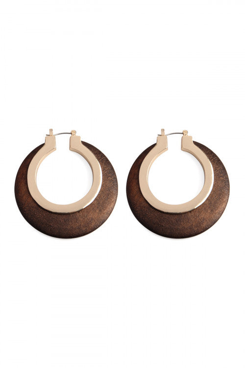 Brown wooden metal hinge hoop earrings