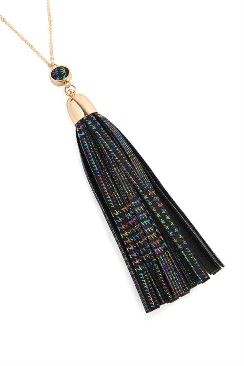 Black leather tassel pendant necklace