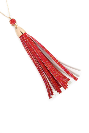 Red leather tassel pendant necklace