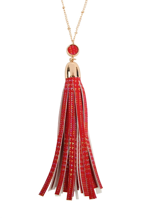 Red leather tassel pendant necklace