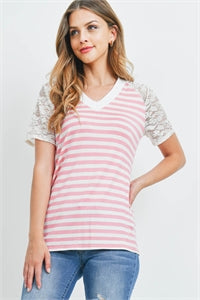 Strawberry/Ivory Lace Raglan Sleeve Stripes Top