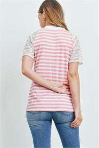 Strawberry/Ivory Lace Raglan Sleeve Stripes Top