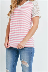 Strawberry/Ivory Lace Raglan Sleeve Stripes Top