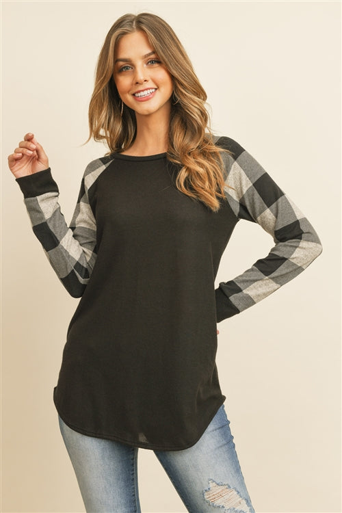 Checker Plaid Raglan Top - Black Oatmeal