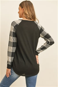 Checker Plaid Raglan Top - Black Oatmeal