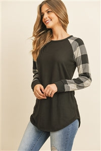 Checker Plaid Raglan Top - Black Oatmeal