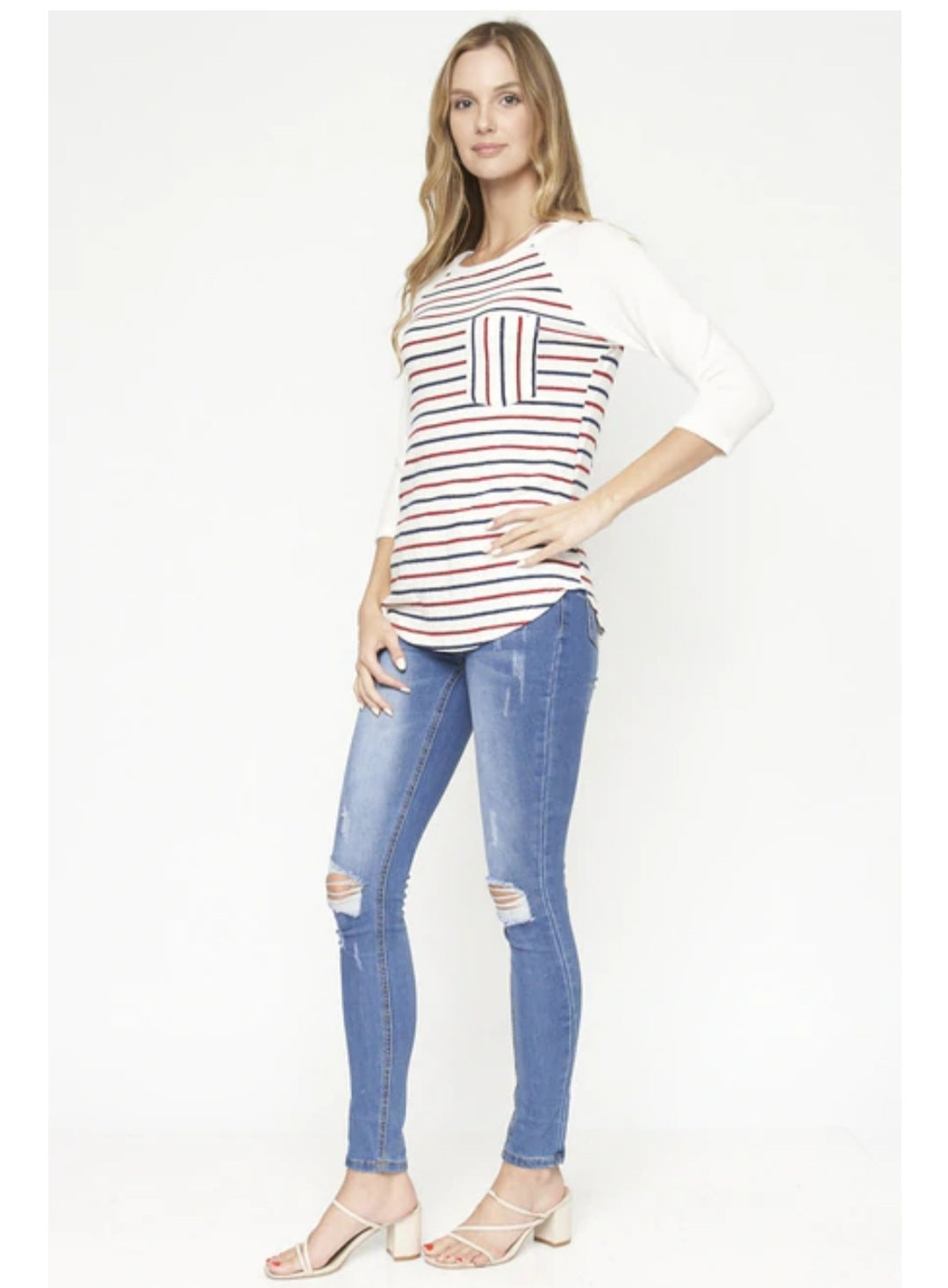 Ivory Stripe 3/4 Sleeve Round Neck Knit Top