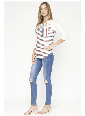 Ivory Stripe 3/4 Sleeve Round Neck Knit Top