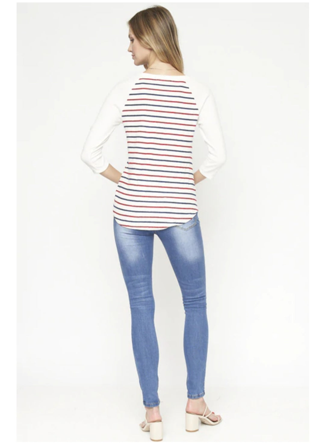 Ivory Stripe 3/4 Sleeve Round Neck Knit Top