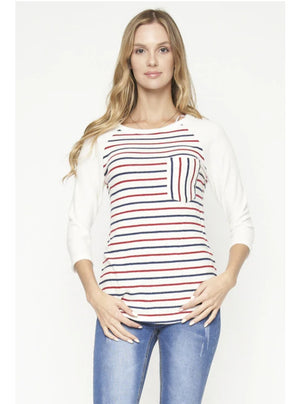 Ivory Stripe 3/4 Sleeve Round Neck Knit Top