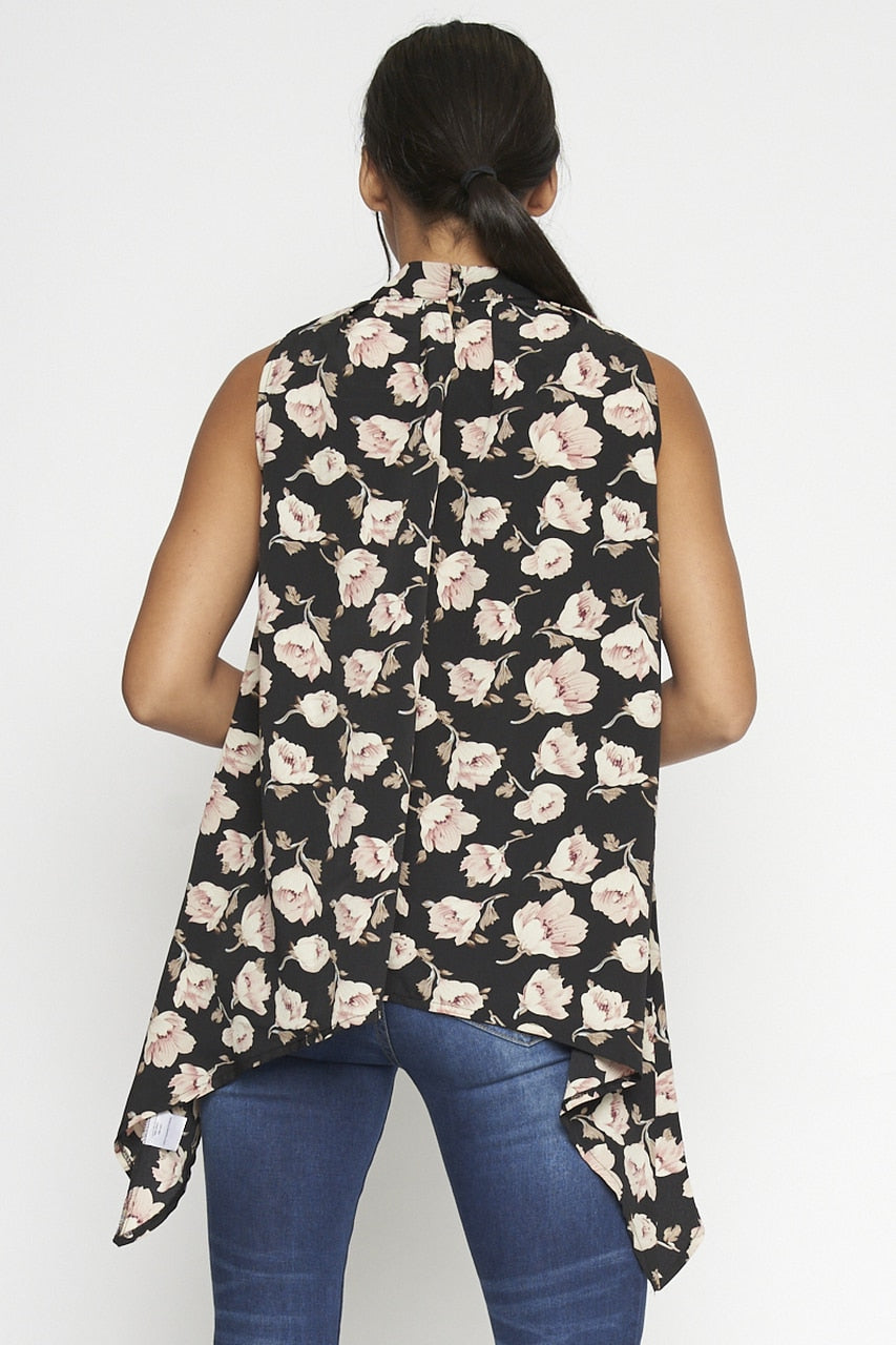 Black Pink Flowers HI Neckline Sleeveless Tunic Top