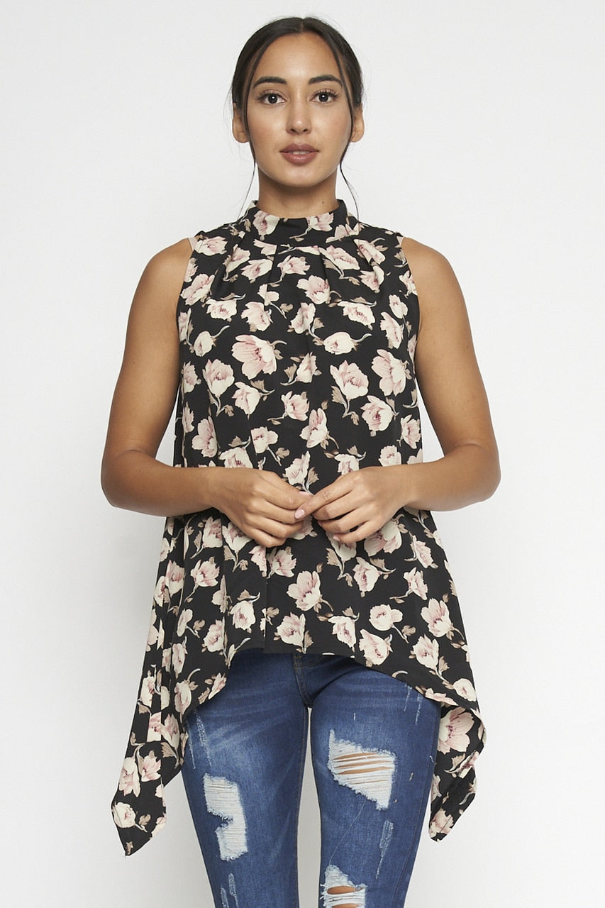 Black Pink Flowers HI Neckline Sleeveless Tunic Top