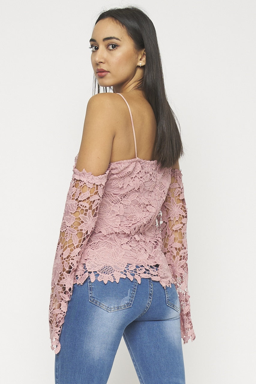 Blush(Pink) Lining Floral Lace Cell Long Sleeve Off Shoulder Top