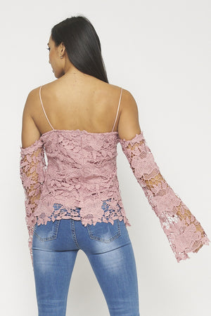 Blush(Pink) Lining Floral Lace Cell Long Sleeve Off Shoulder Top