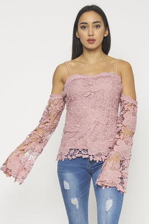 Blush(Pink) Lining Floral Lace Cell Long Sleeve Off Shoulder Top