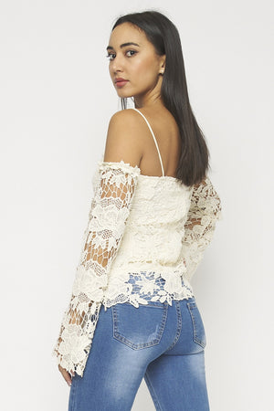 Cream(Beige) Lining Floral Lace Bell Long Sleeve Off Shoulder Top