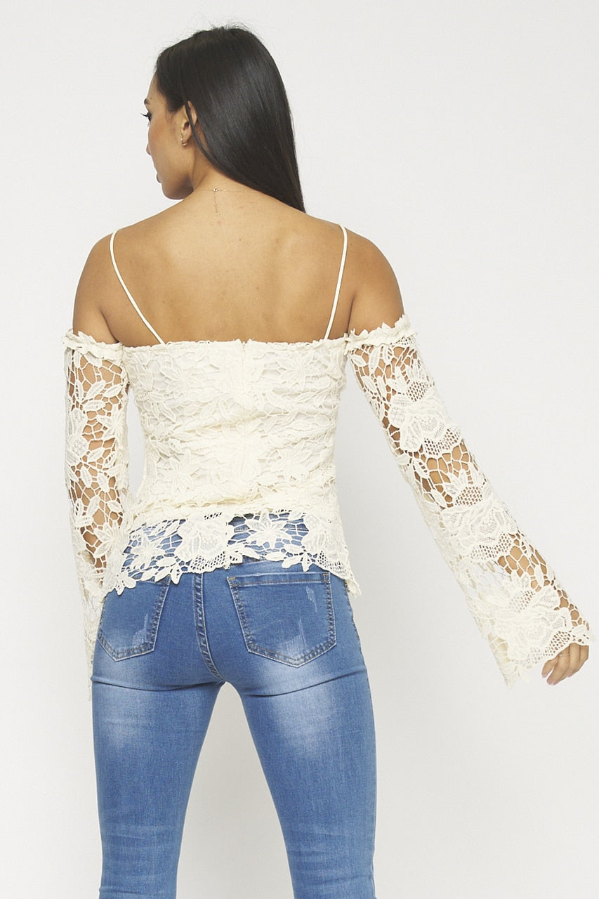 Cream(Beige) Lining Floral Lace Bell Long Sleeve Off Shoulder Top