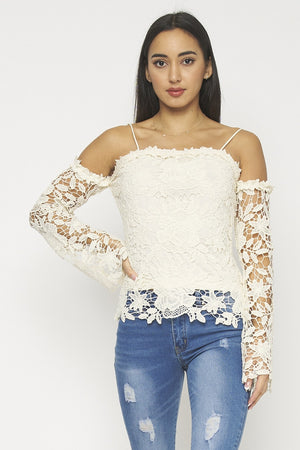 Cream(Beige) Lining Floral Lace Bell Long Sleeve Off Shoulder Top