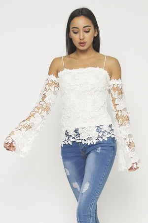 White Lining Floral Lace Bell Long Sleeve Off Shoulder Top