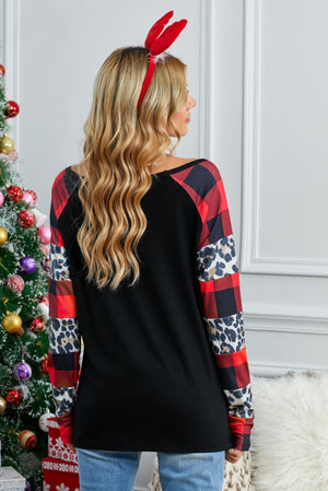 Black Off Shoulder Plaid&Leopard Print Long Sleeve Top